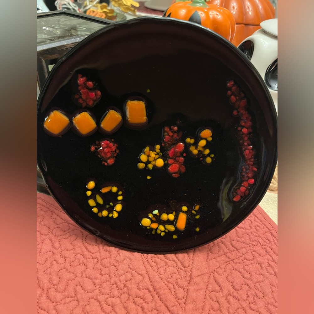 Art Glass Fused Glass Black Decorative Plate Red and Orange Confetti Accents
